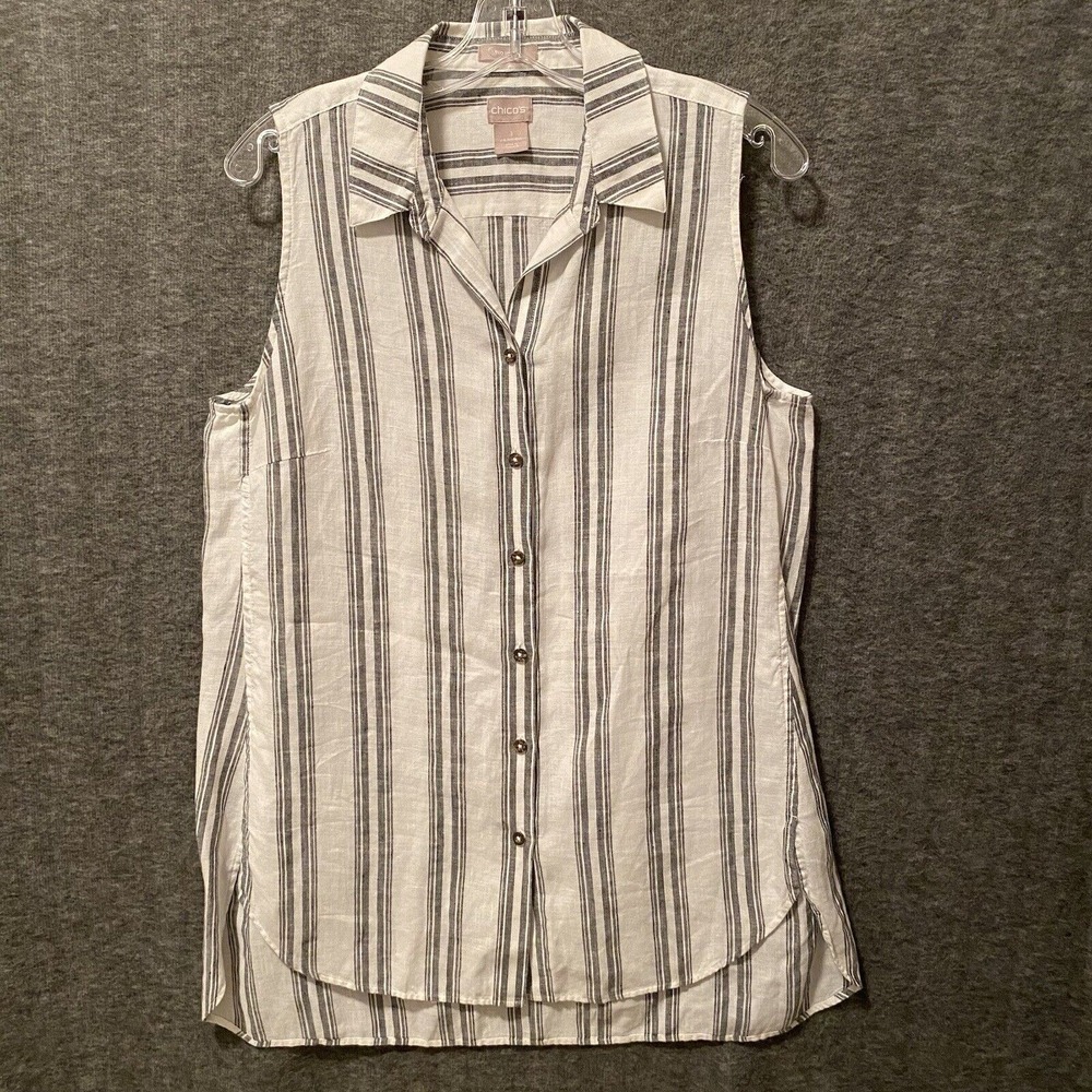 Chicos No Iron Linen Top Womens 1 Medium White Gray Sleeveless‎ Tunic Lagenlook